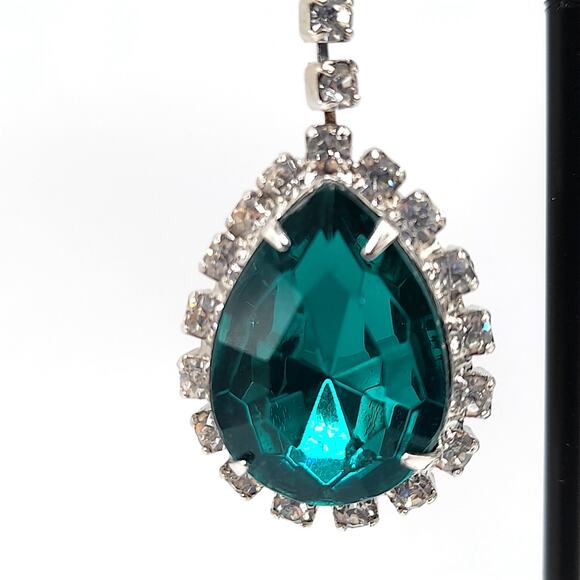 Vintage Green Rhinestone Drop Earrings, Clear Crystal, 1990s Statement Jewelry - Picture 3 of 10